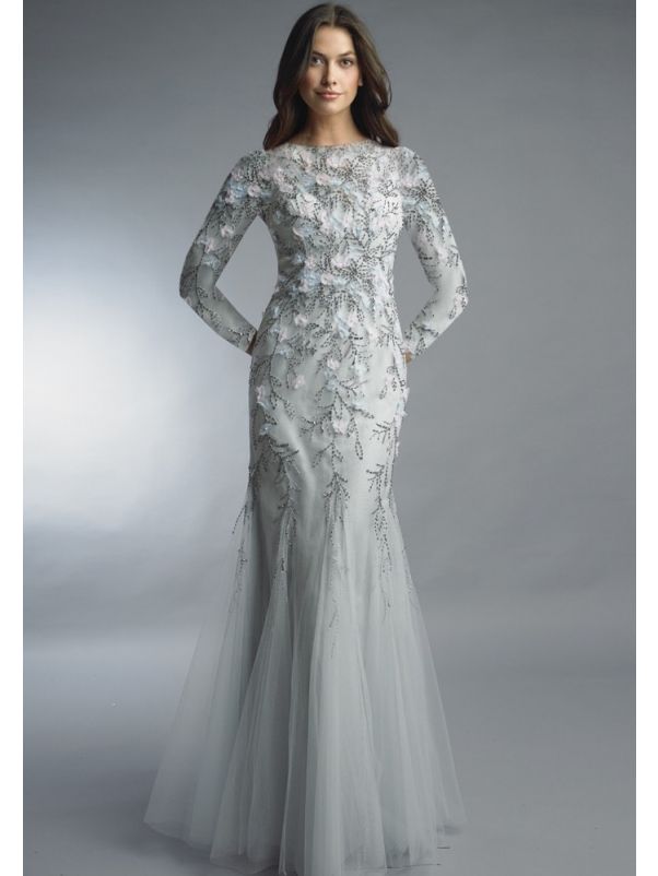 Beaded Long Sleeve Evening Dress