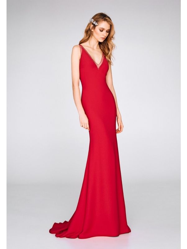 Beaded Red Crepe Gown