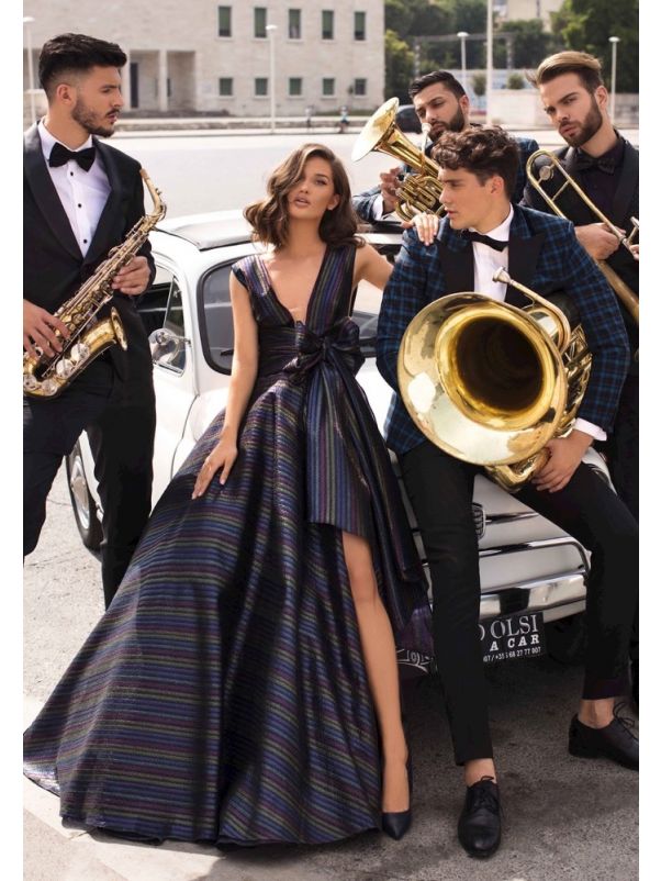 Multi-Colour Navy Slit Evening Gown