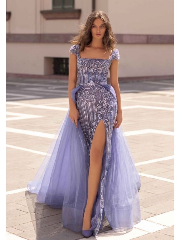Heavily Beaded Purple Slit Gown