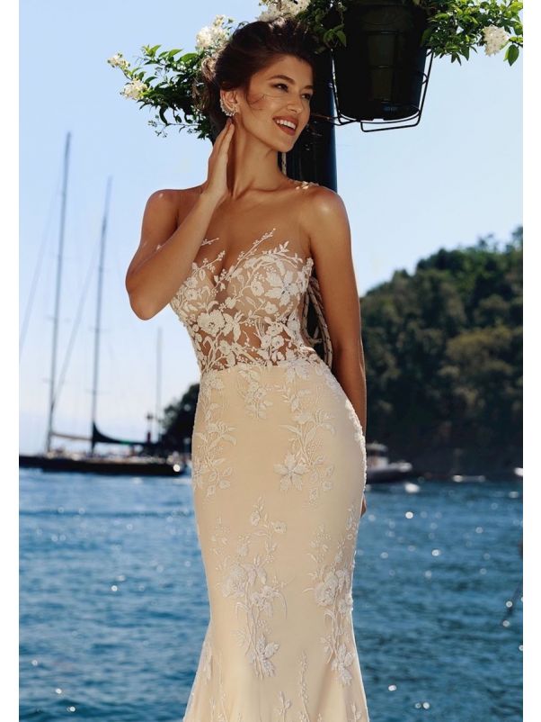 Tattoo-Effect Beaded Floral Wedding Dress